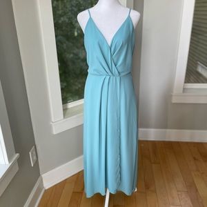 LUSH Teal Blue Chiffon Wrap Front Low Back Dress Size Small